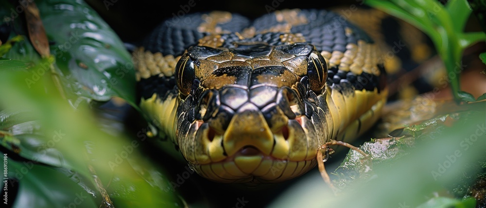 Fototapeta premium Camouflaged Anaconda Moving Through Amazon Jungle Underbrush