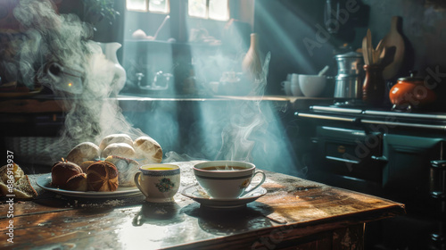 Hot coffee cup with steaming hot bread in the Morning, dark country rustic kitchen background. Sunlight falls on table.