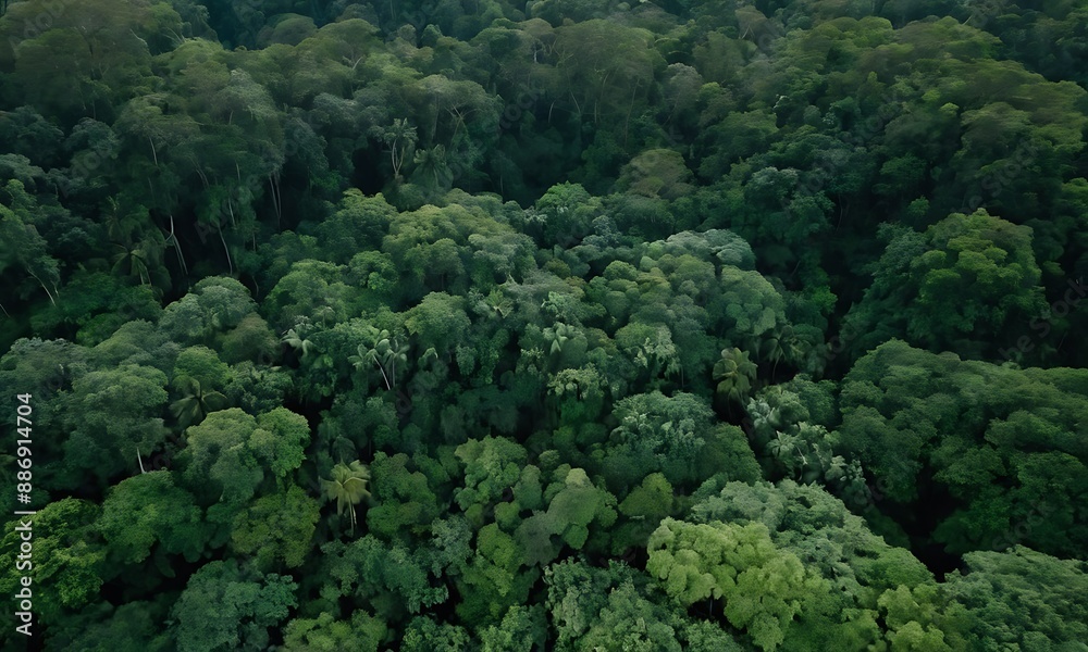 A high-angle view of a dense rainforest canopy, with layers of green and a sense of depth. A high-angle view of a dense rainforest canopy, with layers of green and a sense of depth.
