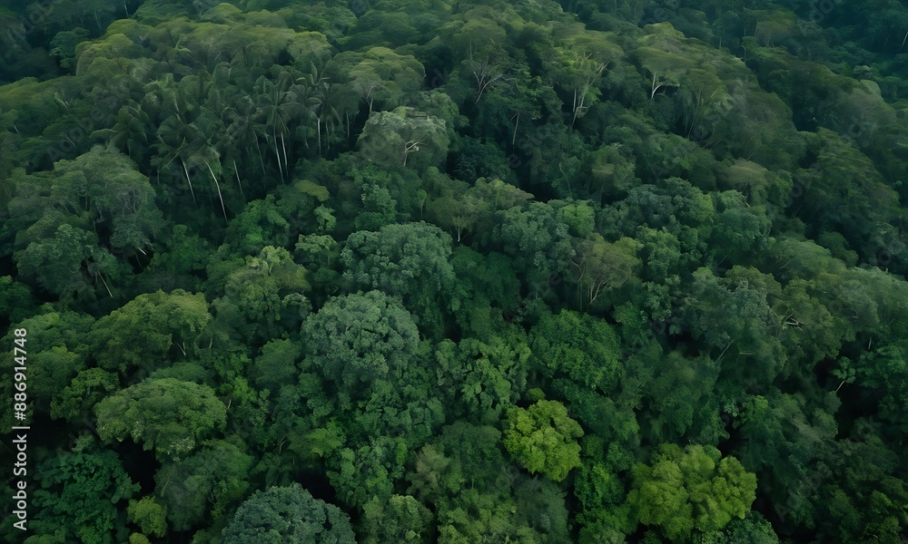 A high-angle view of a dense rainforest canopy, with layers of green and a sense of depth. A high-angle view of a dense rainforest canopy, with layers of green and a sense of depth.