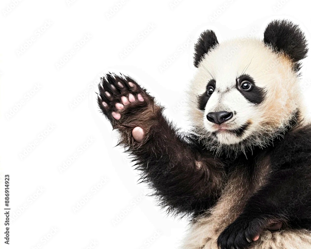 Fototapeta premium A cute panda, with its paw raised, sits on a simple white background. The image can be copied.