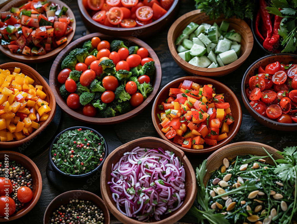 Assorted Vegetable Salads in Bowls on a Dark Tabletop