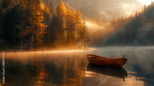Serene Autumn Lake with Rowboat & Misty Morning Light in Tranquil Forest Background Wallpaper

