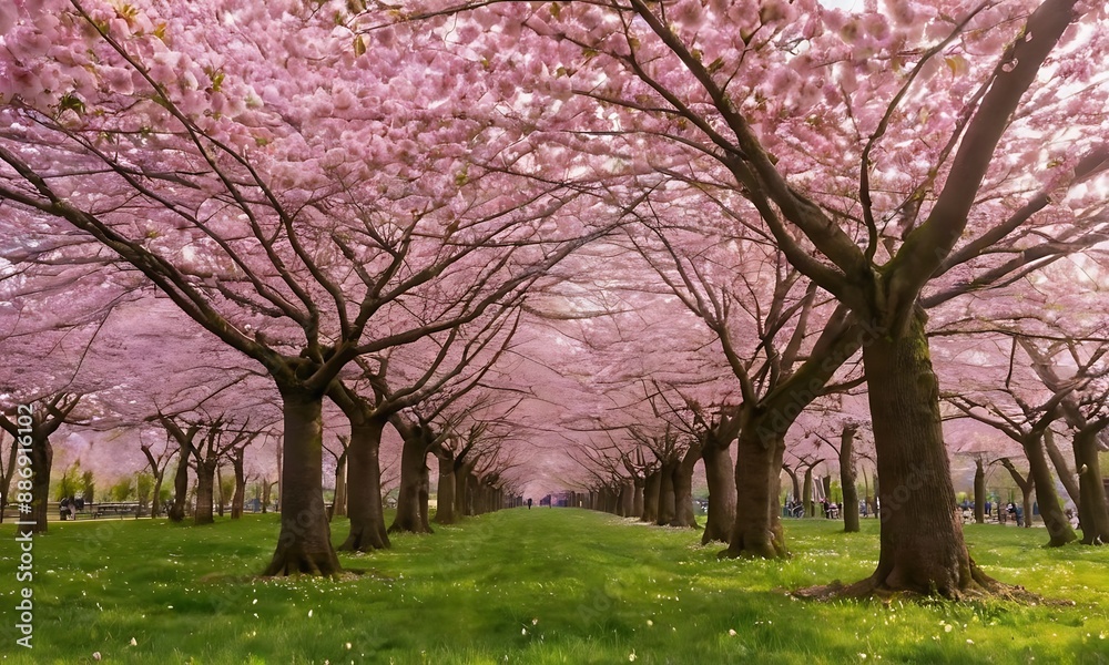 Cherry blossom trees in full bloom, with pink petals creating a dreamy atmosphere. Cherry blossom trees in full bloom, with pink petals creating a dreamy atmosphere.