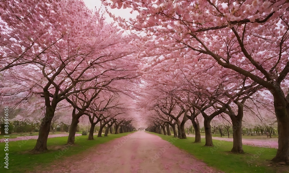 Cherry blossom trees in full bloom, with pink petals creating a dreamy atmosphere. Cherry blossom trees in full bloom, with pink petals creating a dreamy atmosphere.