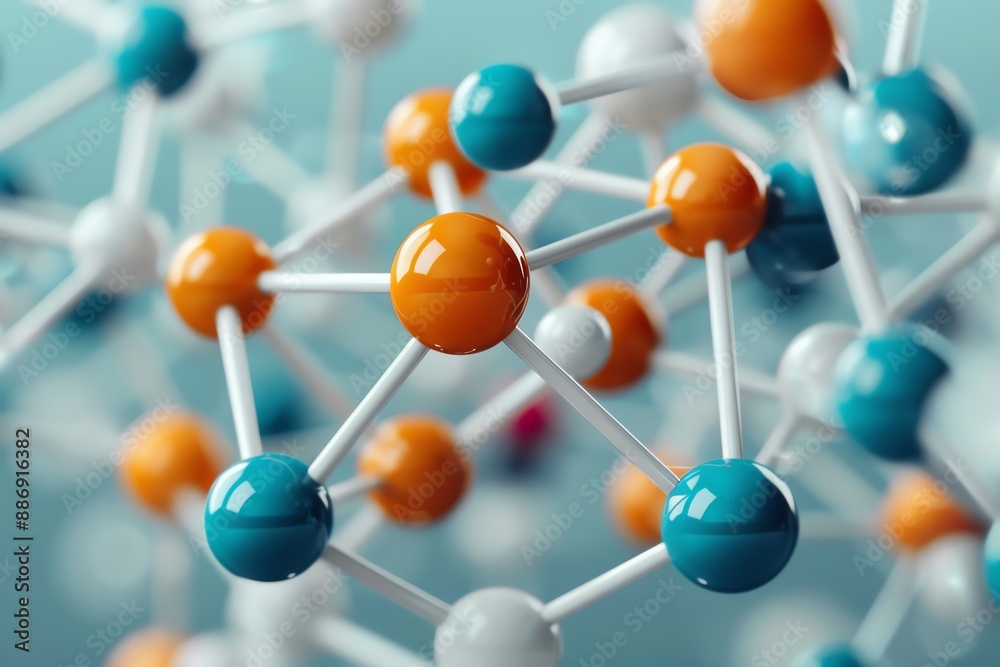Fototapeta premium Abstract 3D of a molecule structure with colorful spheres and white bonds.
