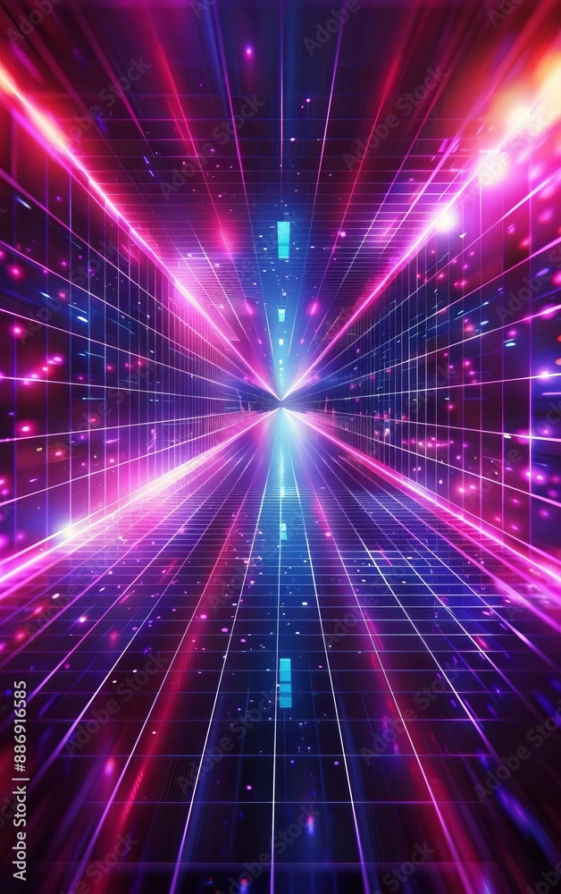 Experience a futuristic retro vibe with a retro 80s grid featuring neon colors, creating a nostalgic atmosphere.