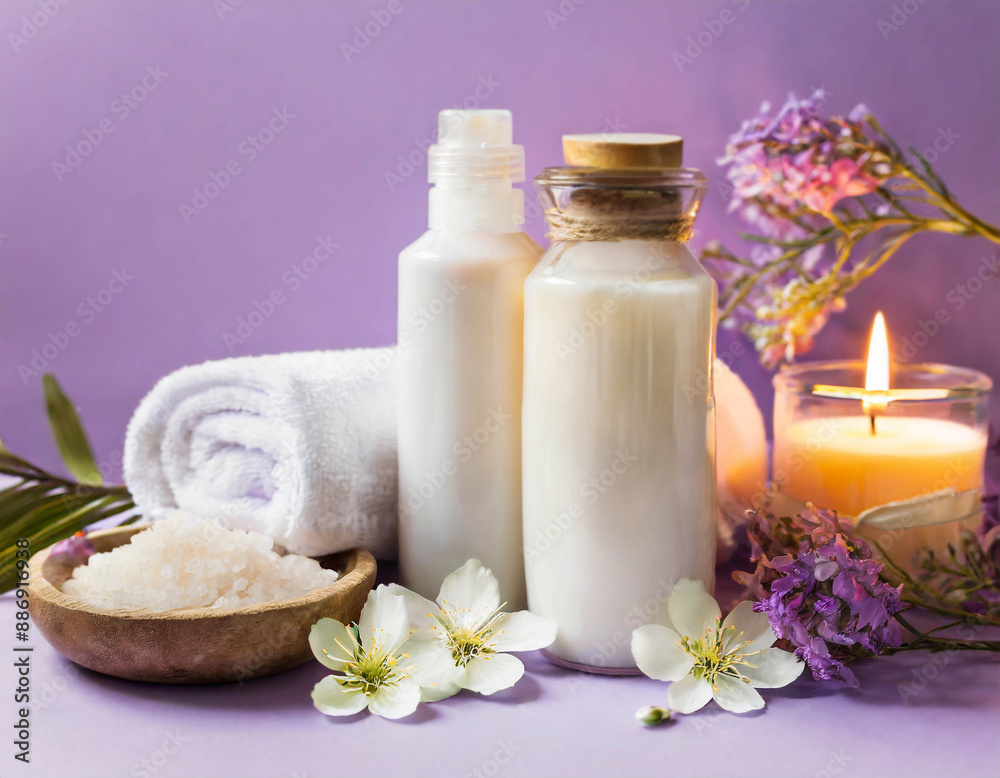 Collection of spa and body-care cosmetics isolated on violet background Collection of spa and body-care cosmetics isolated on violet background