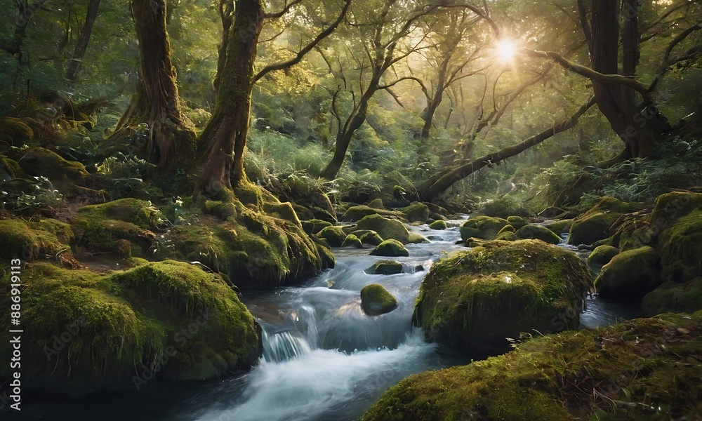 An enchanted forest with glowing flora, mysterious creatures peeking through the trees, and a sparkling river running through. An enchanted forest with glowing flora, mysterious creatures peeking through the trees, and a sparkling river running through.