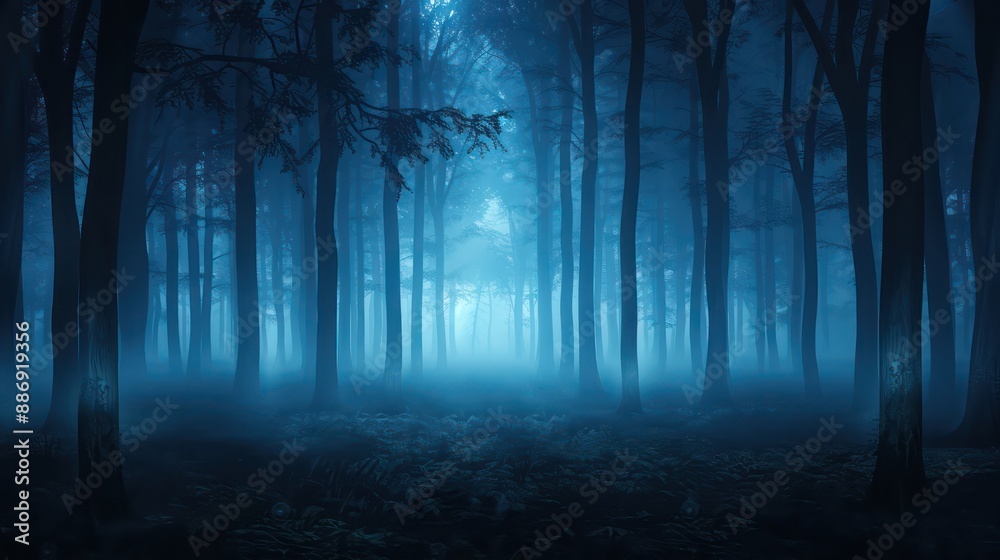 Fototapeta premium A forest at night with trees and fog. Scene is eerie and mysterious. The darkness of the night and the fog make the forest seem like a place of unknown dangers and secrets. The trees are tall
