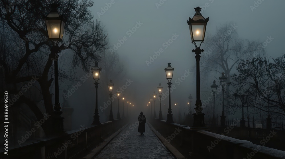 A man walks down a path in the rain. The street is lit by several street lamps, creating a moody atmosphere A man walks down a path in the rain. The street is lit by several street lamps, creating a moody atmosphere