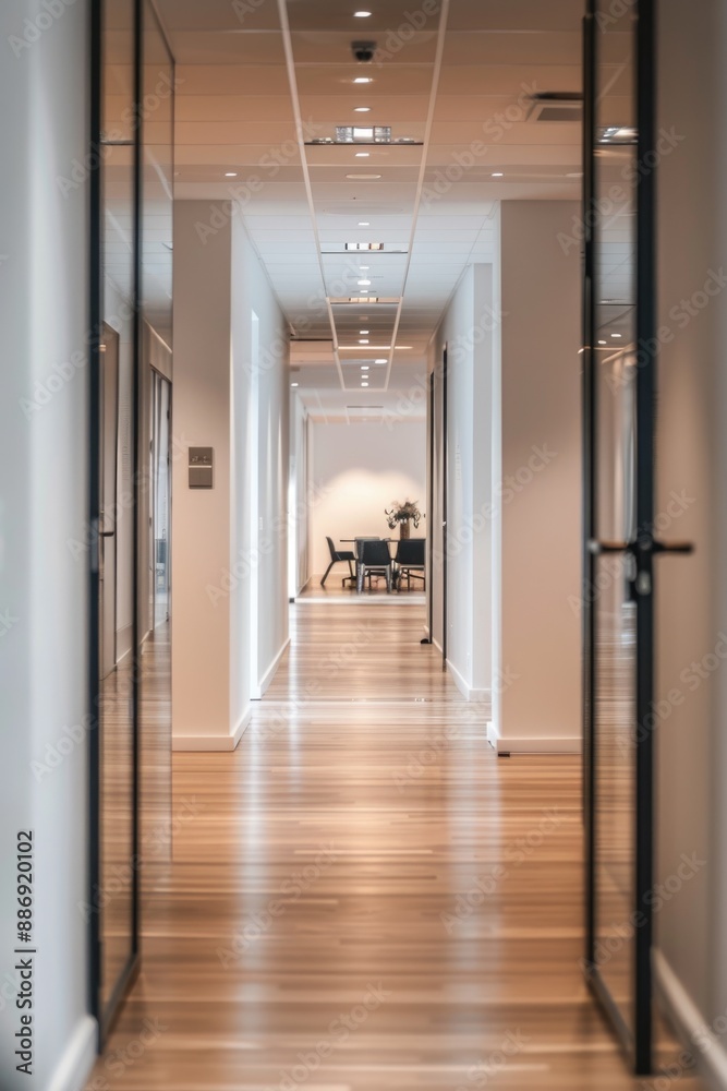 A typical office hallway with a desk and chairs A typical office hallway with a desk and chairs
