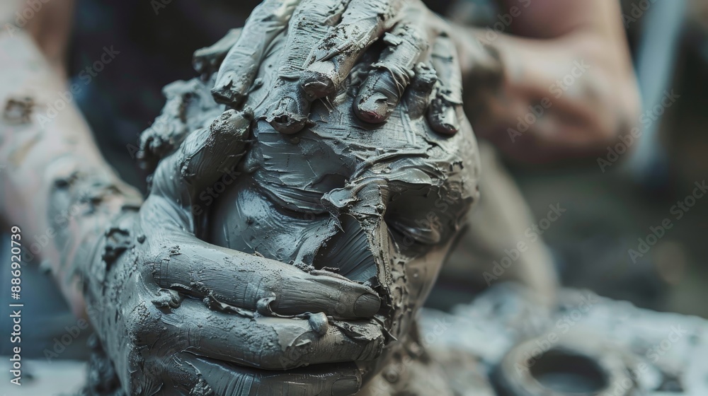 Creating an Intricate Clay Sculpture of a Mysterious Face in a Natural Studio Environment Creating an Intricate Clay Sculpture of a Mysterious Face in a Natural Studio Environment