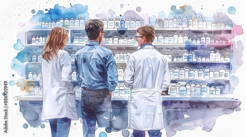 Three pharmacists in a pharmacy, looking at a shelf of medicine bottles. photo