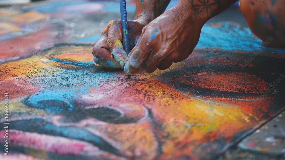 Creating a Colorful Chalk Mural of a Face on the Sidewalk in Bright Daylight