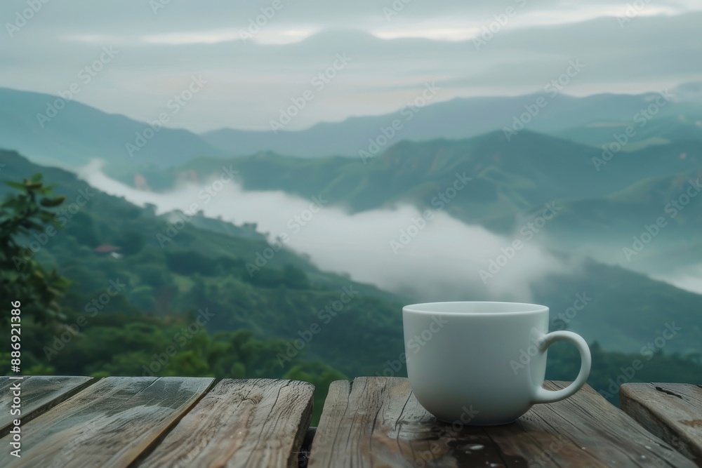 Serene coffee mug on rustic table with misty mountain view, evoking peace and tranquility Serene coffee mug on rustic table with misty mountain view, evoking peace and tranquility