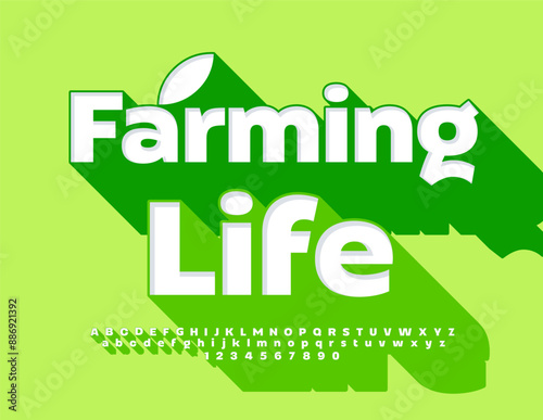 Vector ecologic badge Farming Life. Bright 3D Font with Big Green Shadow. Decorative Alphabet Letters and Numbers.