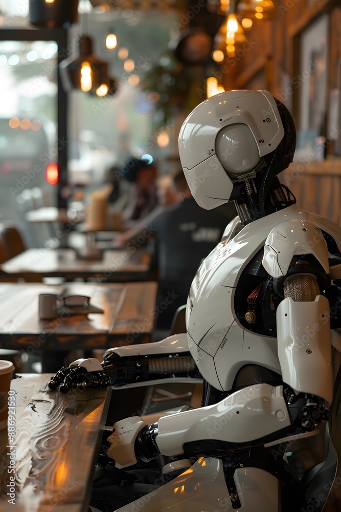 Futuristic Robot Enjoying a Coffee Break in a Cozy Café Futuristic Robot Enjoying a Coffee Break in a Cozy Café