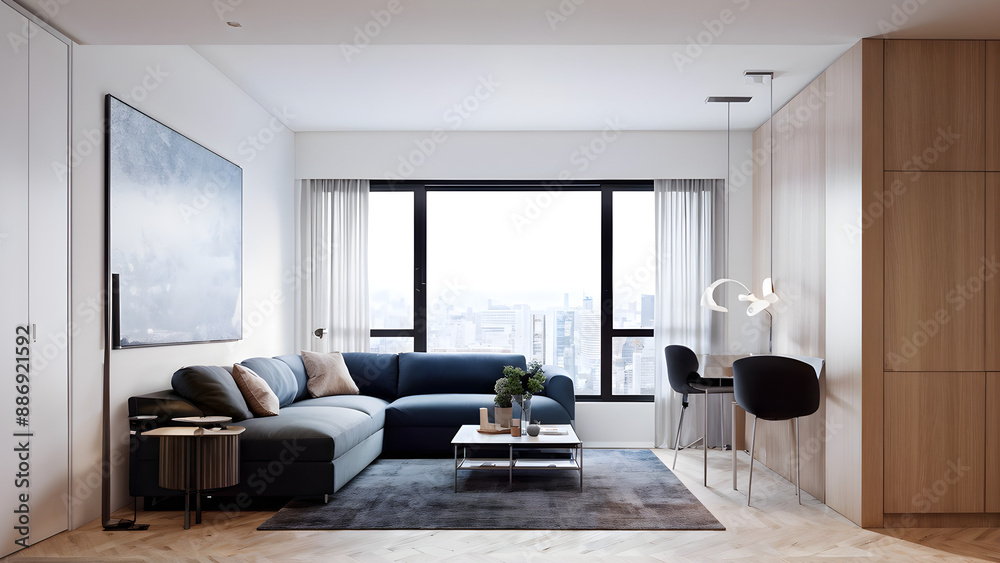 Fototapeta premium Bright, simple micro-apartment with huge windows