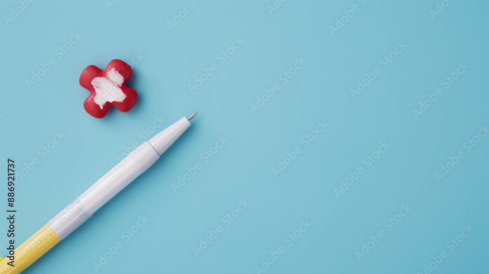 A white and yellow pen sit next to a red heart-shaped eraser on a blue surface A white and yellow pen sit next to a red heart-shaped eraser on a blue surface