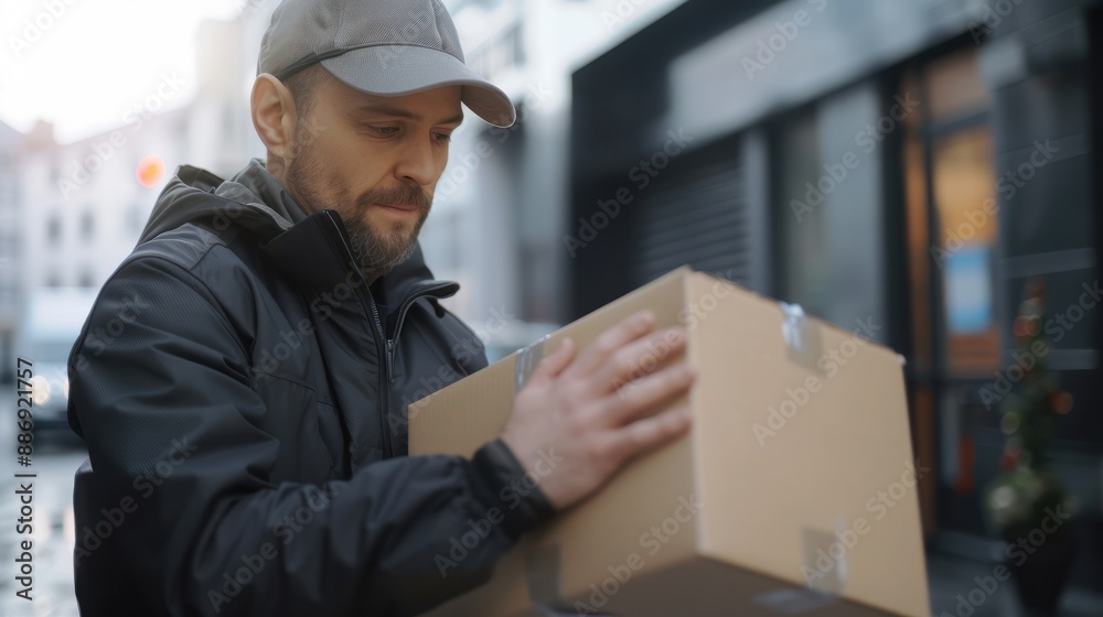 A courier holding a package, representing efficient delivery service and real-time order tracking. Perfect for illustrating logistics, shipping, and e-commerce fulfillment. A courier holding a package, representing efficient delivery service and real-time order tracking. Perfect for illustrating logistics, shipping, and e-commerce fulfillment.