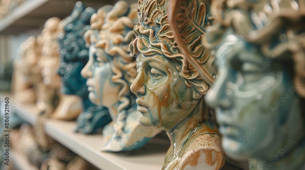 Fototapeta premium Detailed Collection of Artistic Sculptures Displayed on Shelves in a Studio Setting