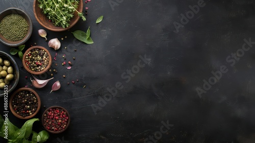 Fototapeta Naklejka Na Ścianę i Meble -  A black background with a variety of spices and herbs in bowls. The spices include basil, parsley, and garlic