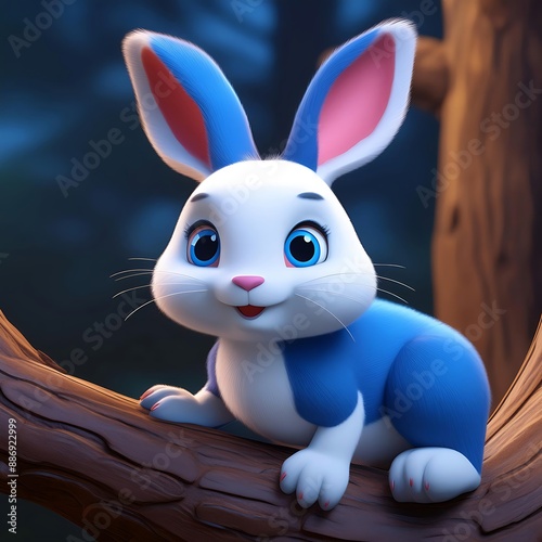 A cartoon rabbit sits on a tree branch in a forest