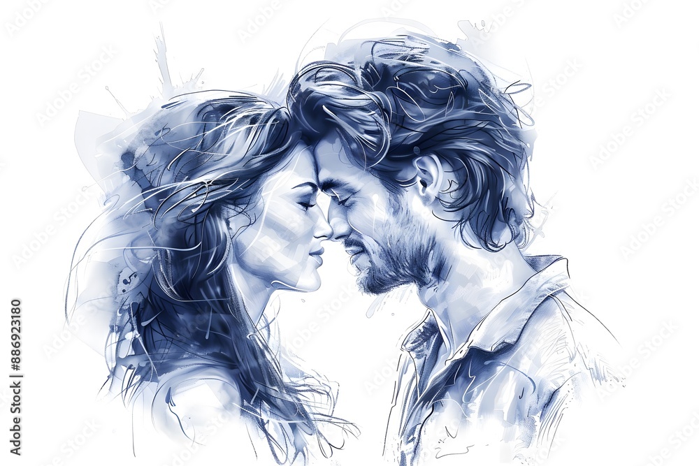 Romantic Blue-Toned Sketch of a Couple in an Intimate Moment Romantic Blue-Toned Sketch of a Couple in an Intimate Moment
