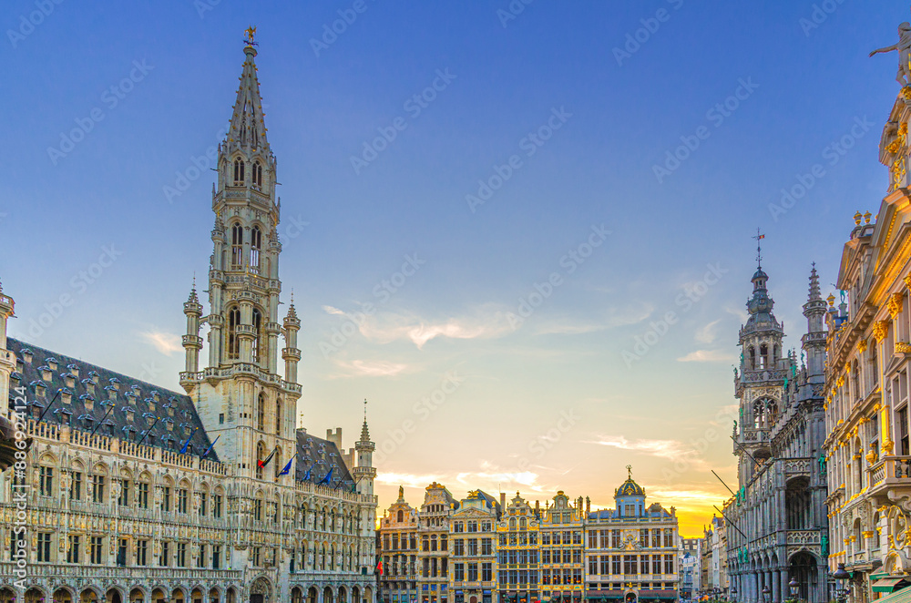 The Grand-Place Grote Markt Big Market square in Brussels city historical center, Town Hall Brabantine Gothic style, King's House Bread House Brussels City Museum and Guilds of Brussels, Belgium The Grand-Place Grote Markt Big Market square in Brussels city historical center, Town Hall Brabantine Gothic style, King's House Bread House Brussels City Museum and Guilds of Brussels, Belgium