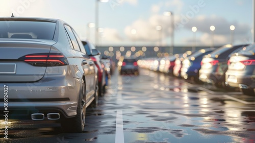 Car parked at outdoor parking lot. Used car for sale and rental service. Automobile parking area. Car dealership and dealer agent concept.