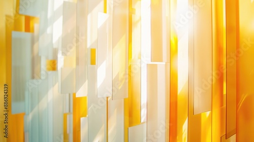 Vibrant sunlit geometric shapes in an abstract urban setting, featuring sleek modern design and a bright palette of yellow, white, and orange. Vertical geometric shapes sun reflection, background