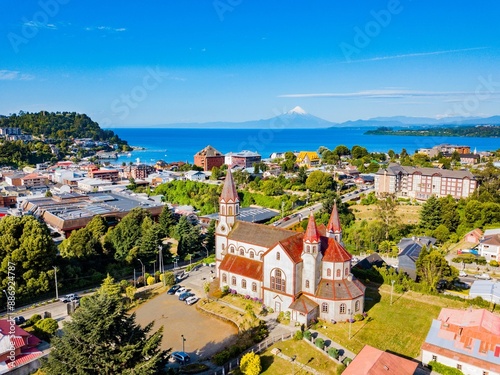 Church and city of Puerto Varas in the background, Chile