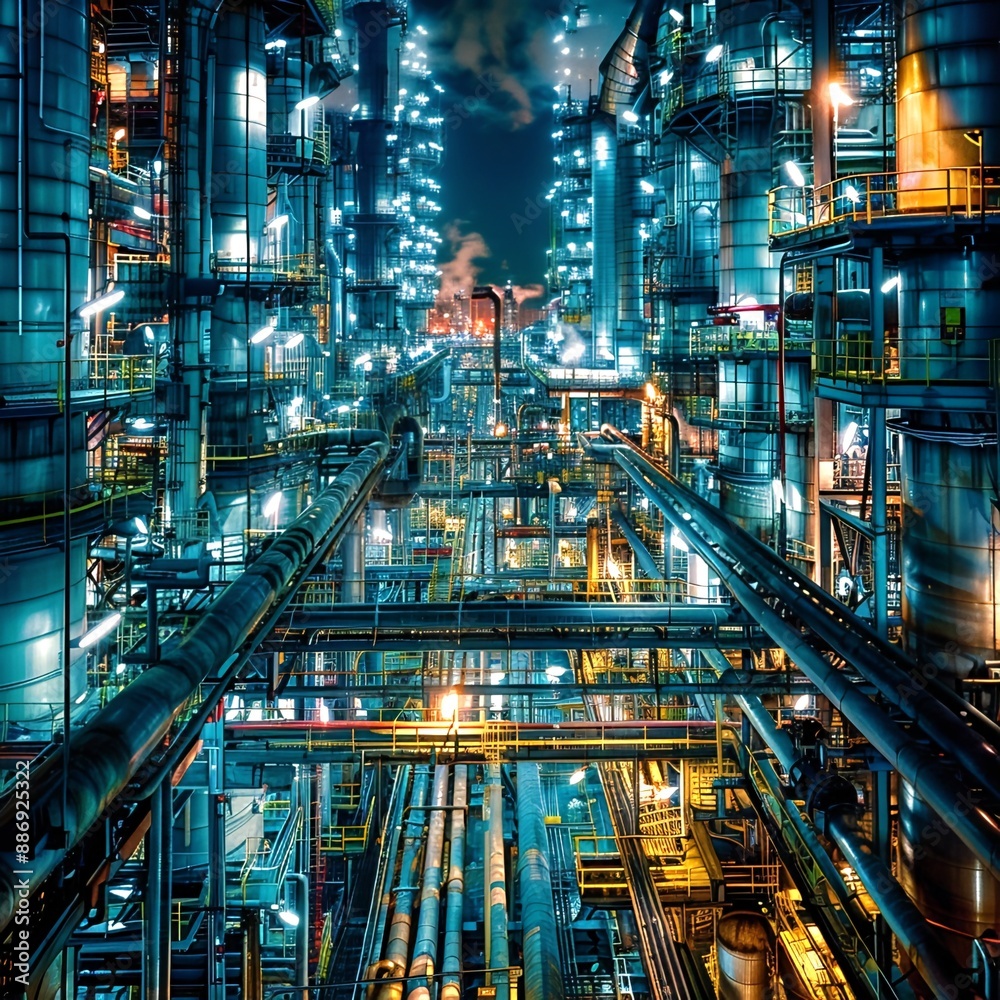 A complex network of pipes, tanks and machinery in a chemical plant, illuminated by bright blue and yellow lights reflecting off the metal surfaces and creating a futuristic atmosphere. A complex network of pipes, tanks and machinery in a chemical plant, illuminated by bright blue and yellow lights reflecting off the metal surfaces and creating a futuristic atmosphere.