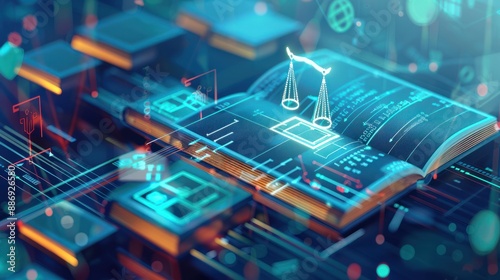 Governance Policies and Compliance, digital library with icons representing governance frameworks, compliance manuals, photo