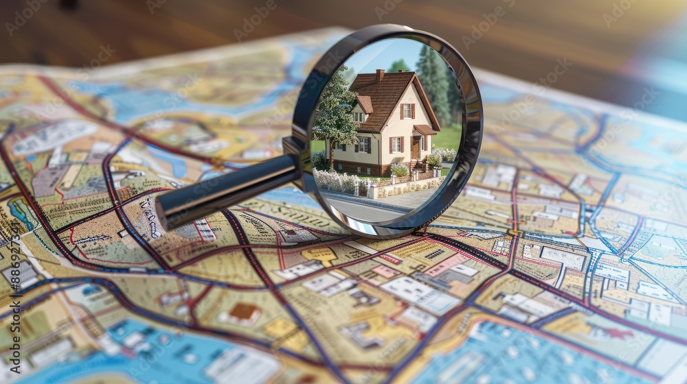 Magnifying glass over a map highlighting a house, symbolizing the search for a new home and the journey of purchasing real estate. Magnifying glass over a map highlighting a house, symbolizing the search for a new home and the journey of purchasing real estate.