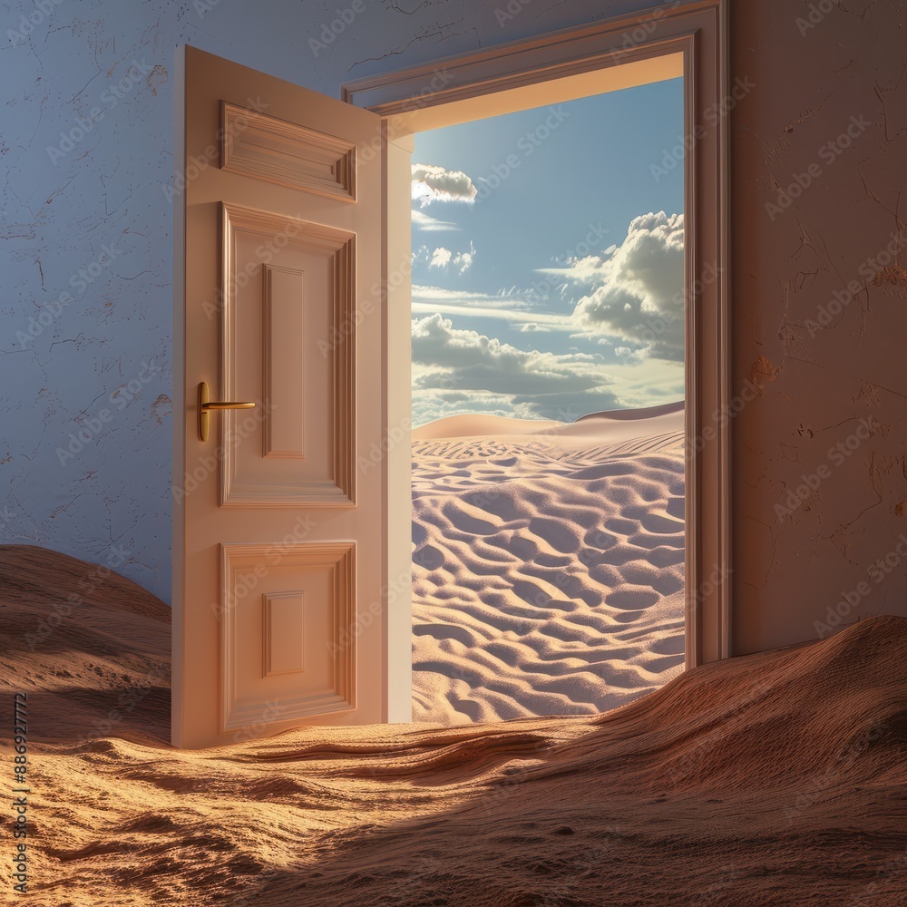 Opened door on desert. Unknown and start up concept. This is a 3d illustration Job ID: 9c48980c-2847-4e4b-87f7-a3dd6bb0cf62 Opened door on desert. Unknown and start up concept. This is a 3d illustration Job ID: 9c48980c-2847-4e4b-87f7-a3dd6bb0cf62