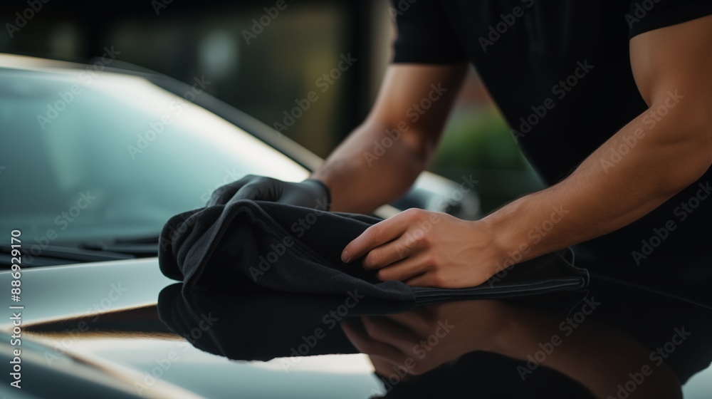 A man cleaning black car with microfiber cloth, car detailing (or valeting) concept. Selective focus A man cleaning black car with microfiber cloth, car detailing (or valeting) concept. Selective focus