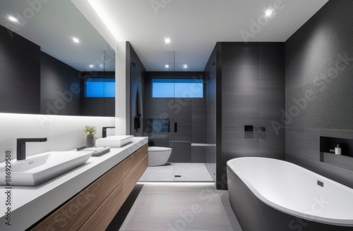 modern grey bathroom interior in loft style wood with countertop basin, mirror and shower