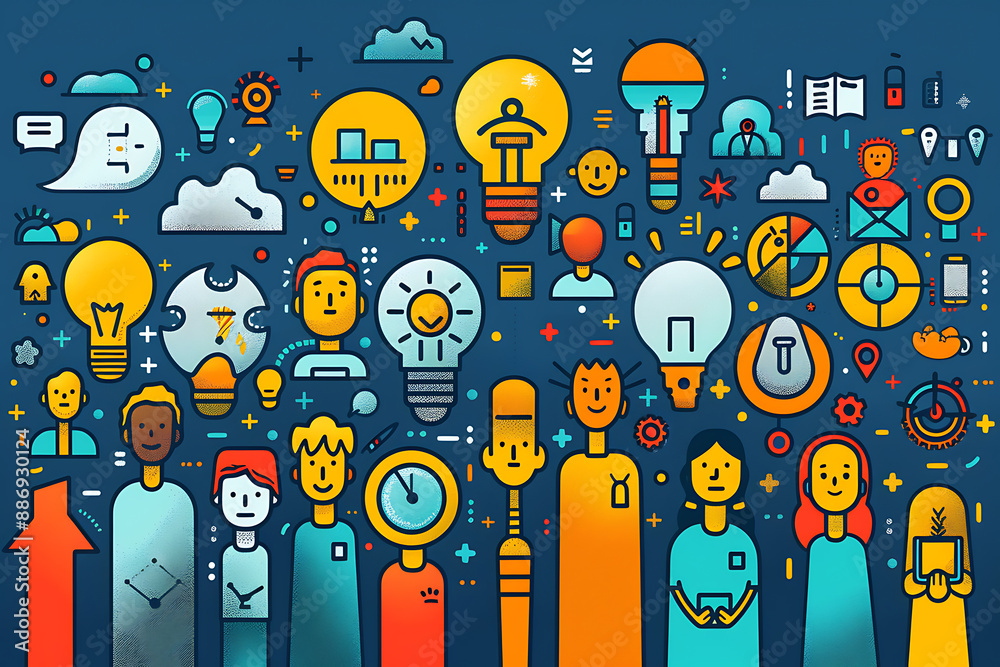 Obraz premium An illustration in flat art style, featuring icons that represent teamwork, collaboration, unity, and collective effort, all depicted with a modern design