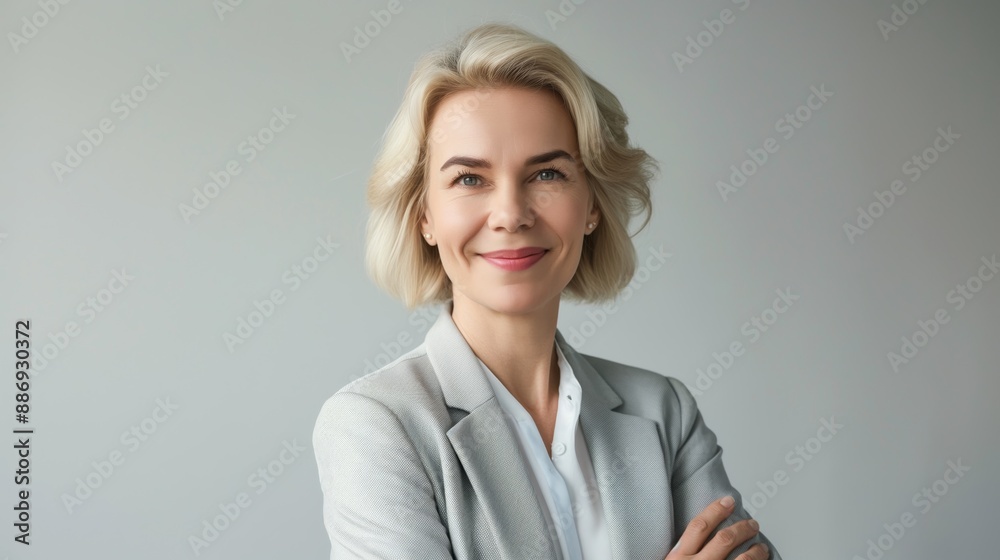 Confident MiddleAged Polish Businesswoman Smiling in Professional Grey Suit for Corporate Profile, Print, and Marketing Use Confident MiddleAged Polish Businesswoman Smiling in Professional Grey Suit for Corporate Profile, Print, and Marketing Use