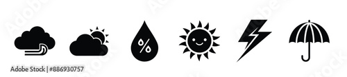 Set weather icons cloud sun rain lightning umbrella, meteorology environment climate atmosphere