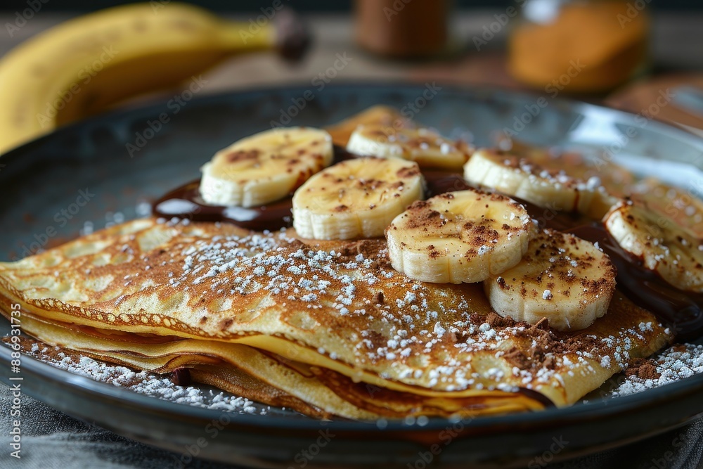 Crepe A simple crepe filled with Nutella and sliced bananas, folded neatly and dusted with powdered sugar. Crepe A simple crepe filled with Nutella and sliced bananas, folded neatly and dusted with powdered sugar.