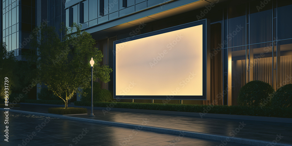 Large blank billboard glowing on modern building at night Large blank billboard glowing on modern building at night