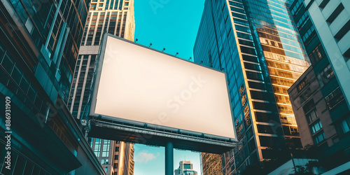 Large blank billboard dominating the skyline in a city center photo