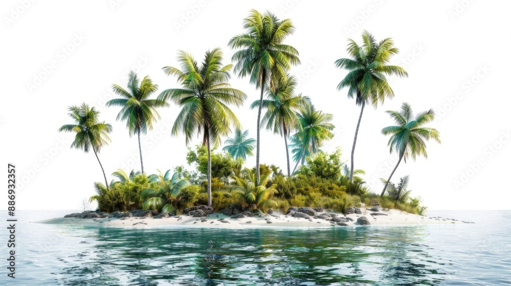 A serene tropical island with lush palm trees against a white background, ideal for travel and leisure use A serene tropical island with lush palm trees against a white background, ideal for travel and leisure use