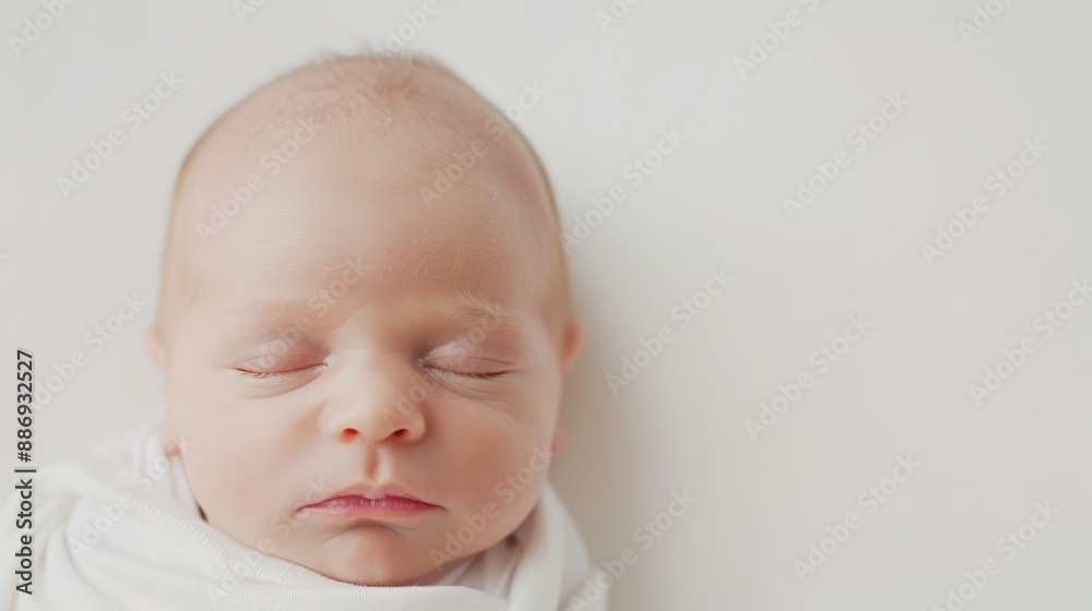 A tight shot of an infant wearing a white blanket on its head against a backdrop of a pristine white wall A tight shot of an infant wearing a white blanket on its head against a backdrop of a pristine white wall