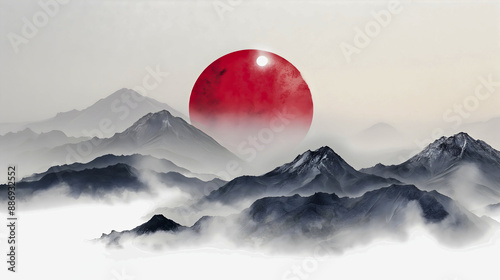 A red sun behind Mount Fuji in Japan, representing an exceptionally significant symbol throughout history for samurais and Japan.