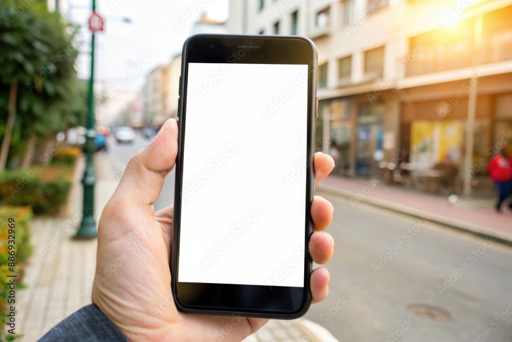 Close-up of hand with mobile phone.man holding smartphone with white screen,mockup Close-up of hand with mobile phone.man holding smartphone with white screen,mockup