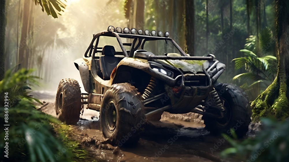 Fototapeta premium offroad vehicle running through muddy roads, ai generative